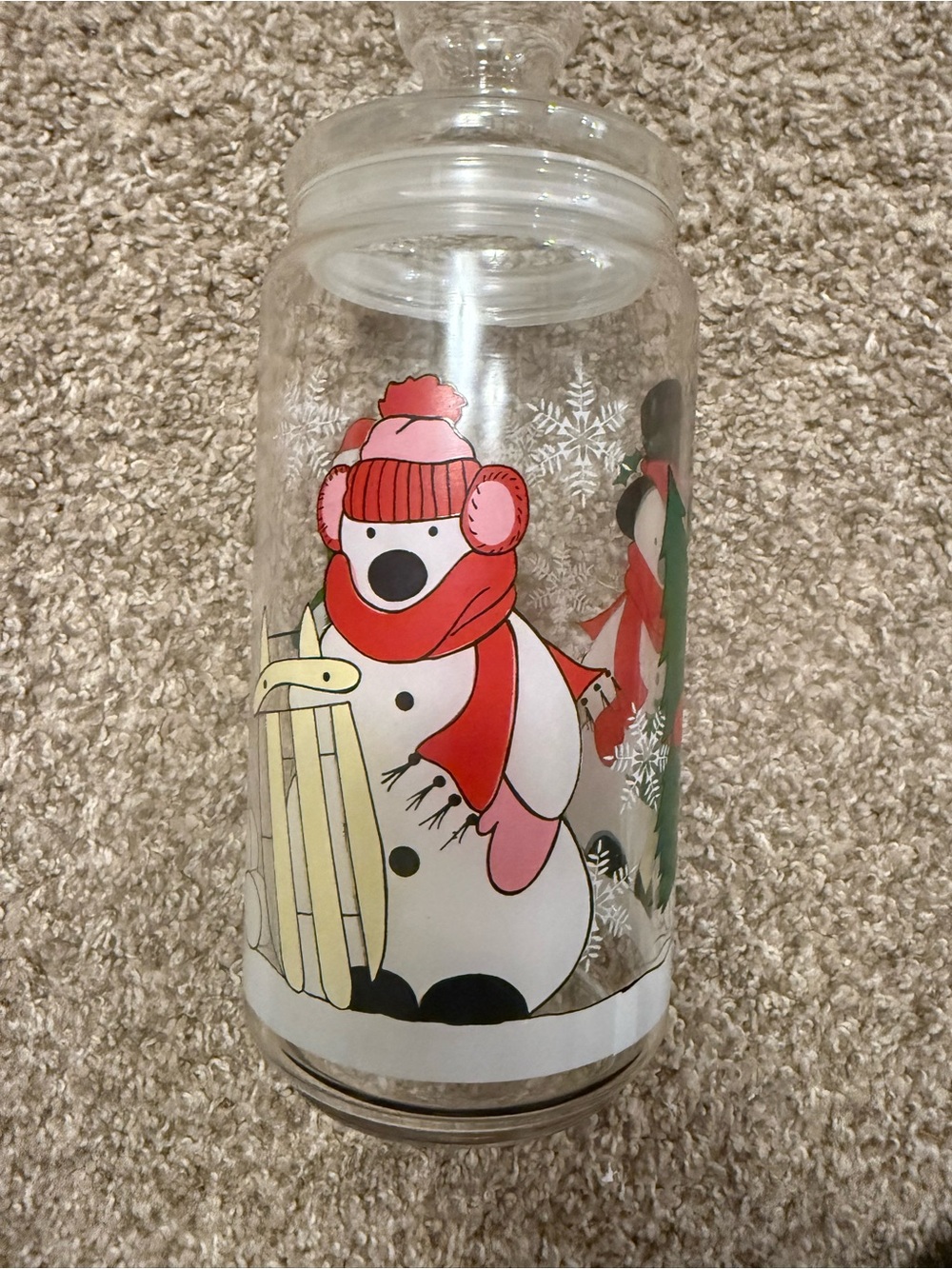 Vintage Luminarc Clear Glass Christmas Polar Bear & Snowman Cookie Jar with Lid